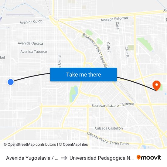 Avenida Yugoslavia / Avenida Jordania Norte to Universidad Pedagogica Nacional, Unidad 021 Mexicali map