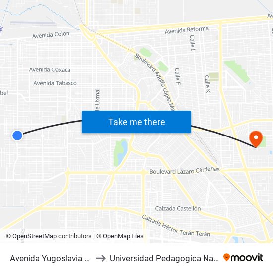 Avenida Yugoslavia / Continente Europeo to Universidad Pedagogica Nacional, Unidad 021 Mexicali map