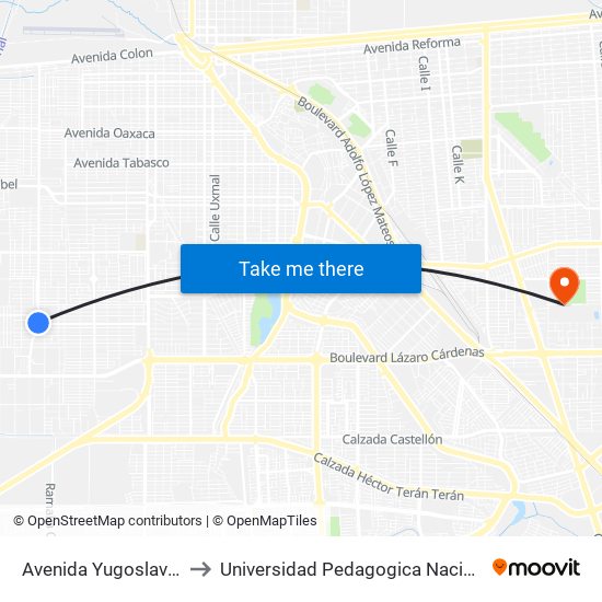 Avenida Yugoslavia / Universidad to Universidad Pedagogica Nacional, Unidad 021 Mexicali map