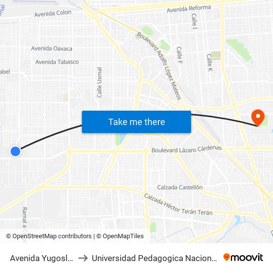 Avenida Yugoslavia / Cristal to Universidad Pedagogica Nacional, Unidad 021 Mexicali map