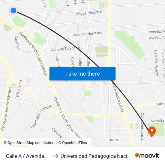 Calle A / Avenida Lerdo De Tejeda to Universidad Pedagogica Nacional, Unidad 021 Mexicali map