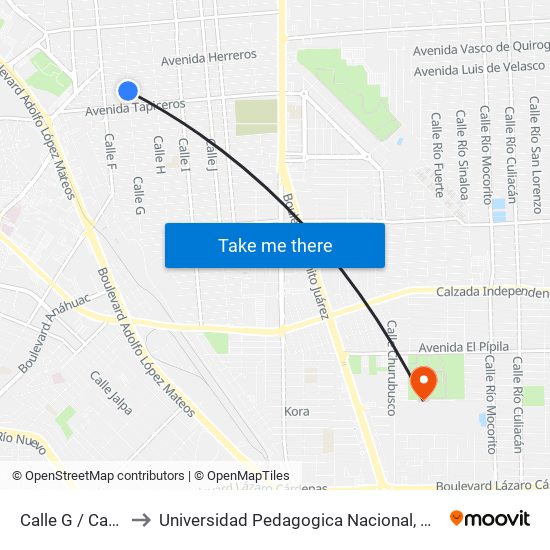 Calle G / Carroceros to Universidad Pedagogica Nacional, Unidad 021 Mexicali map