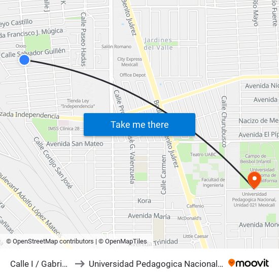 Calle I / Gabriel Mancera to Universidad Pedagogica Nacional, Unidad 021 Mexicali map