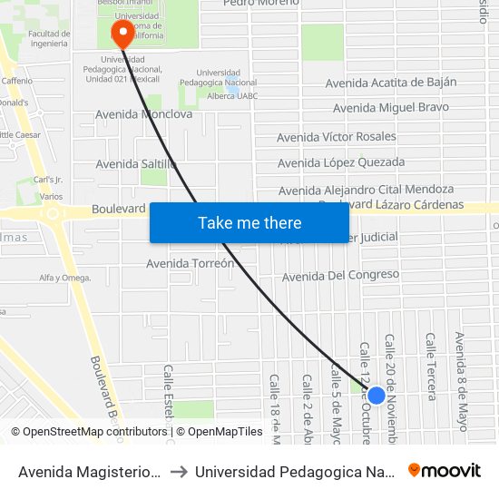 Avenida Magisterio / 11 De Noviembre to Universidad Pedagogica Nacional, Unidad 021 Mexicali map