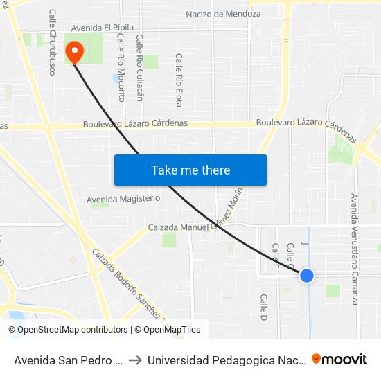 Avenida San Pedro Mezquital / Calle J to Universidad Pedagogica Nacional, Unidad 021 Mexicali map