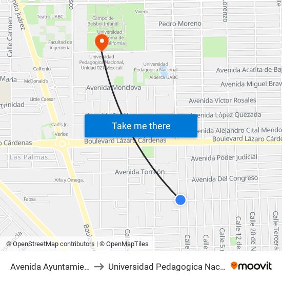 Avenida Ayuntamiento / 5 De Febrero to Universidad Pedagogica Nacional, Unidad 021 Mexicali map