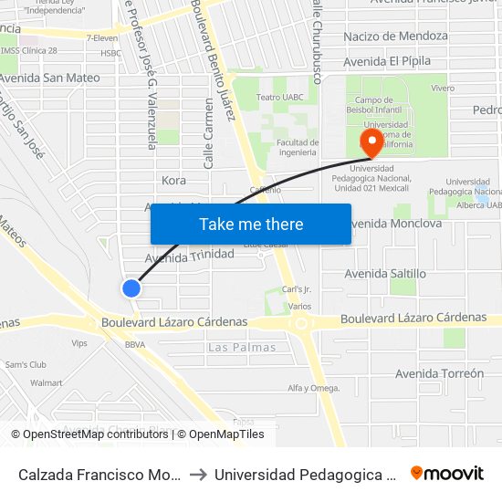 Calzada Francisco Montejano / Avenida Victoria to Universidad Pedagogica Nacional, Unidad 021 Mexicali map