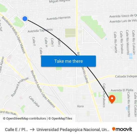 Calle E / Plateros to Universidad Pedagogica Nacional, Unidad 021 Mexicali map