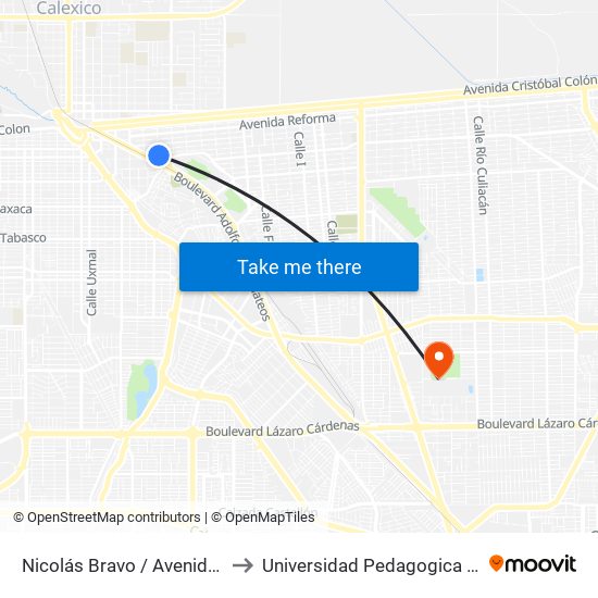 Nicolás Bravo / Avenida Sebastián Lerdo De Tejada to Universidad Pedagogica Nacional, Unidad 021 Mexicali map