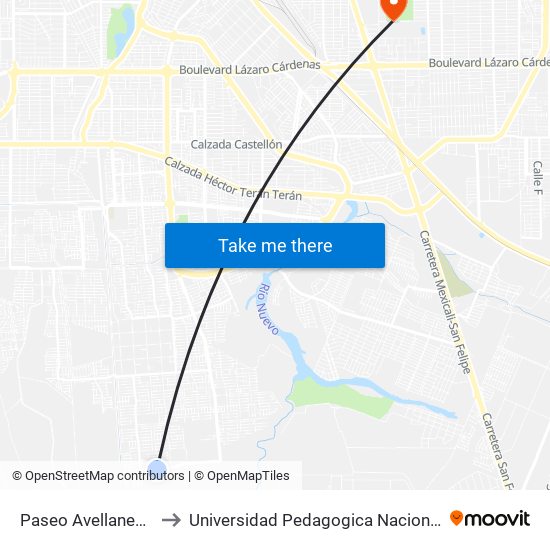 Paseo Avellaneda / Mascardi to Universidad Pedagogica Nacional, Unidad 021 Mexicali map