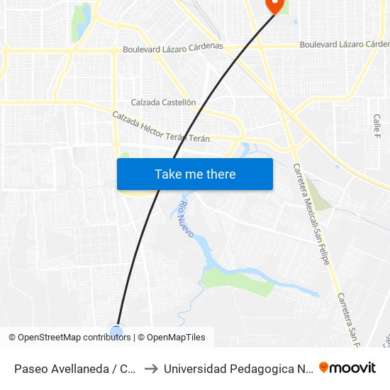 Paseo Avellaneda / Calzada De Los Monarcas to Universidad Pedagogica Nacional, Unidad 021 Mexicali map