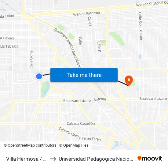 Villa Hermosa / Avenida Ixtlán to Universidad Pedagogica Nacional, Unidad 021 Mexicali map