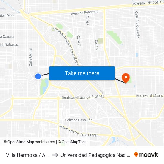 Villa Hermosa / Avenida Tecomán to Universidad Pedagogica Nacional, Unidad 021 Mexicali map