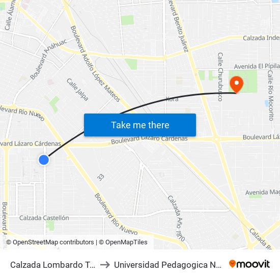 Calzada Lombardo Toledano / Encantadas to Universidad Pedagogica Nacional, Unidad 021 Mexicali map