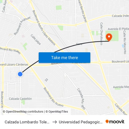 Calzada Lombardo Toledano / Avenida Eleno Hernández to Universidad Pedagogica Nacional, Unidad 021 Mexicali map