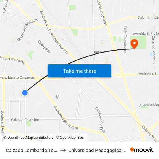 Calzada Lombardo Toledano / Ponciano Orozco to Universidad Pedagogica Nacional, Unidad 021 Mexicali map