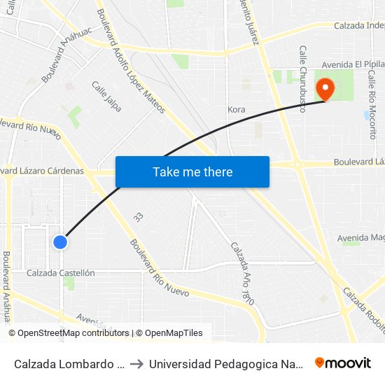 Calzada Lombardo Toledano / Burgos to Universidad Pedagogica Nacional, Unidad 021 Mexicali map