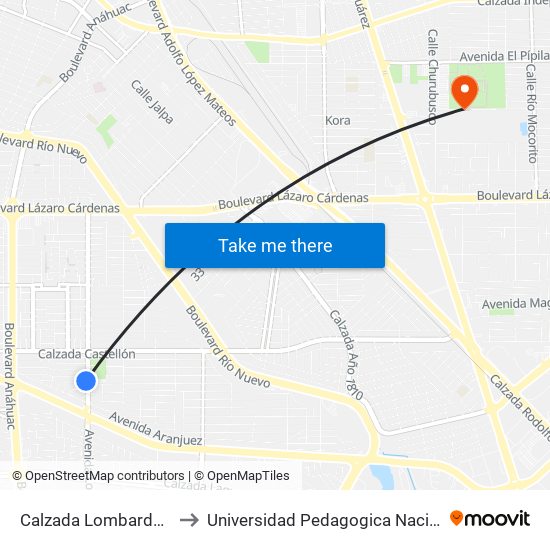 Calzada Lombardo Toledano / Jaén to Universidad Pedagogica Nacional, Unidad 021 Mexicali map