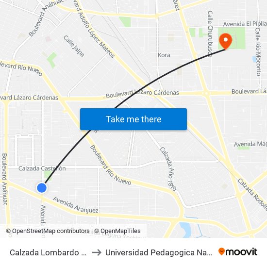 Calzada Lombardo Toledano / Aranjuez to Universidad Pedagogica Nacional, Unidad 021 Mexicali map