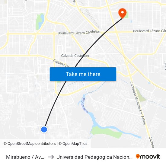 Mirabueno / Avenida Arroniz to Universidad Pedagogica Nacional, Unidad 021 Mexicali map