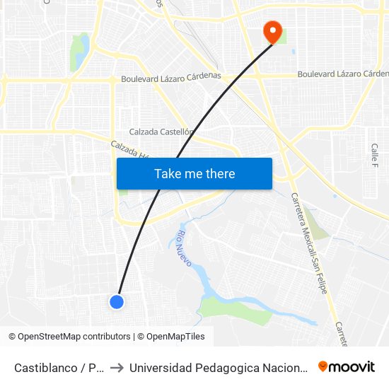 Castiblanco / Pinos Puente to Universidad Pedagogica Nacional, Unidad 021 Mexicali map