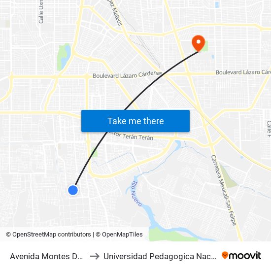 Avenida Montes De Toledo / Carreña to Universidad Pedagogica Nacional, Unidad 021 Mexicali map