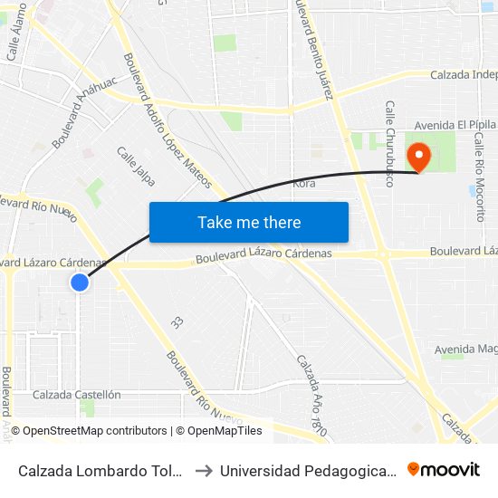 Calzada Lombardo Toledano / Avenida Crisantemos to Universidad Pedagogica Nacional, Unidad 021 Mexicali map