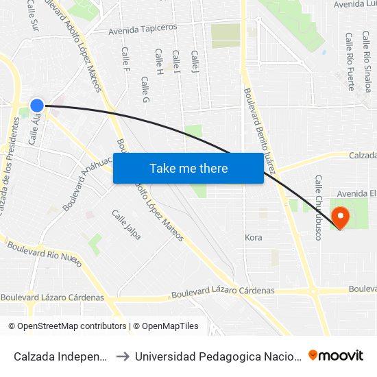 Calzada Independencia / Álamo to Universidad Pedagogica Nacional, Unidad 021 Mexicali map