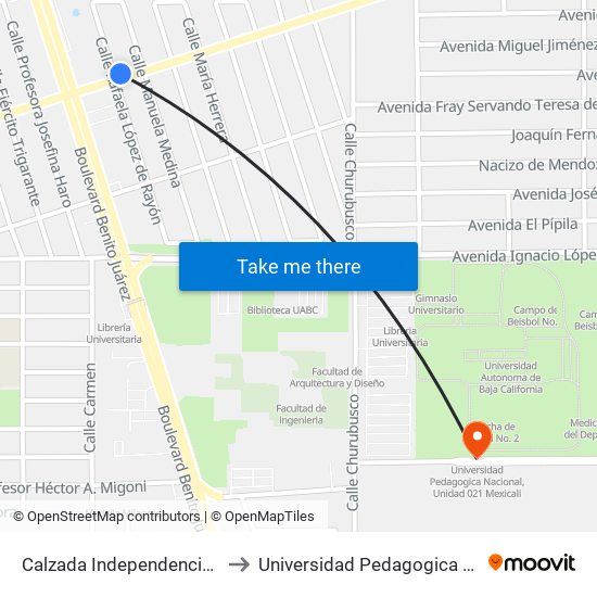 Calzada Independencia / Rafaela López De Rayón to Universidad Pedagogica Nacional, Unidad 021 Mexicali map