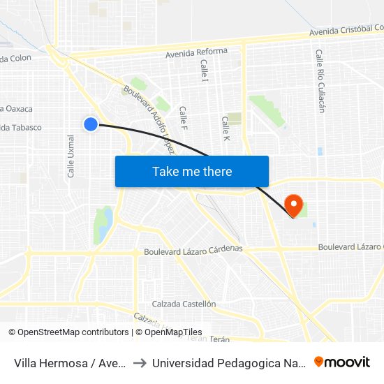 Villa Hermosa / Avenida San Luis Potosí to Universidad Pedagogica Nacional, Unidad 021 Mexicali map