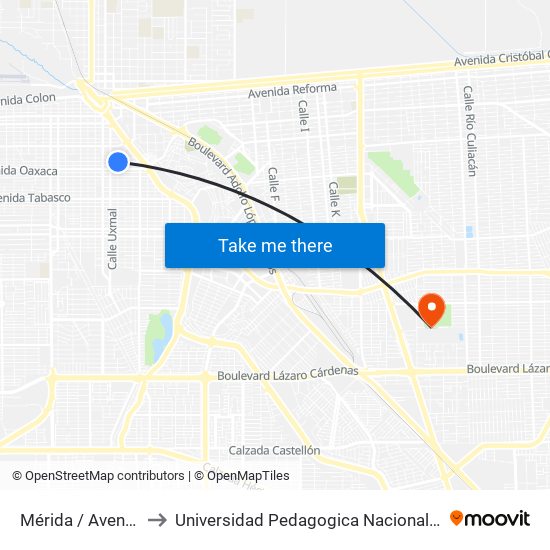 Mérida / Avenida Nayarit to Universidad Pedagogica Nacional, Unidad 021 Mexicali map