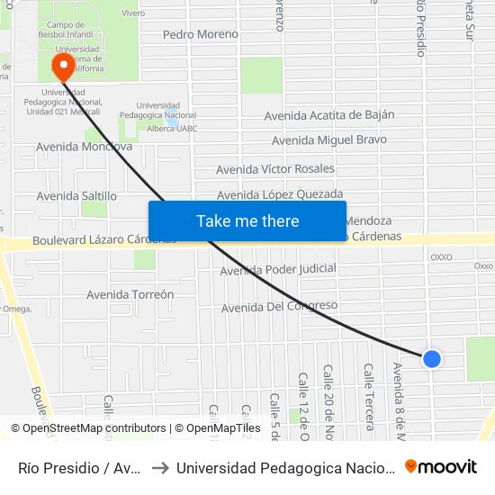 Río Presidio / Avenida Jiquilpan to Universidad Pedagogica Nacional, Unidad 021 Mexicali map