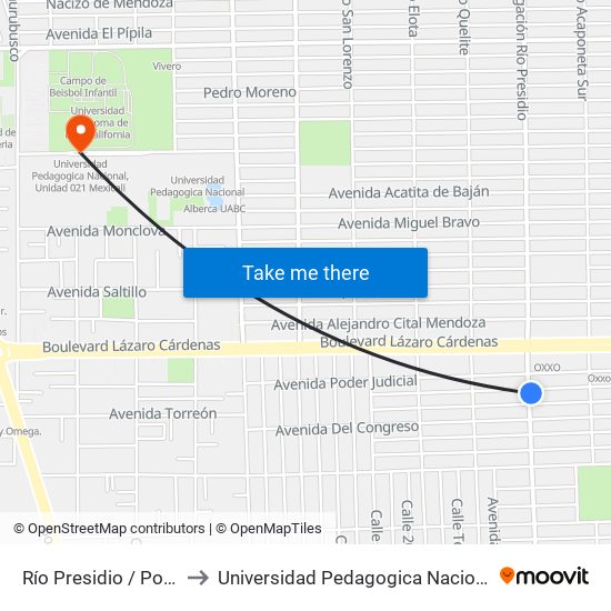 Río Presidio / Poder Legislativo to Universidad Pedagogica Nacional, Unidad 021 Mexicali map