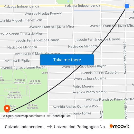 Calzada Independencia / Río San Lorenzo to Universidad Pedagogica Nacional, Unidad 021 Mexicali map