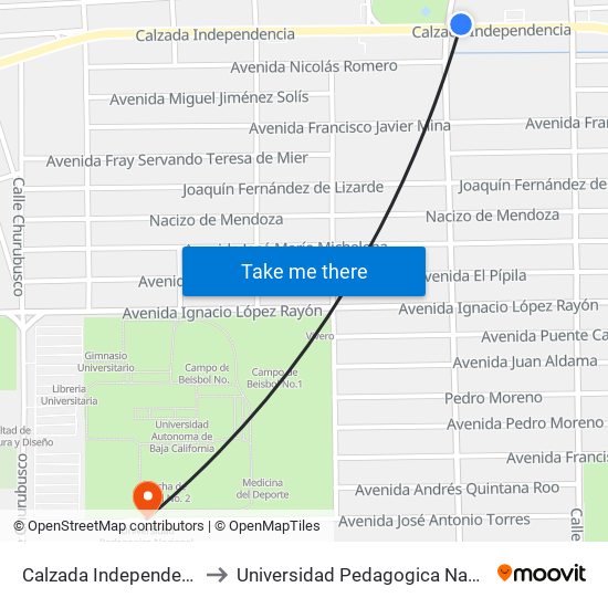 Calzada Independencia / Río Mocorito to Universidad Pedagogica Nacional, Unidad 021 Mexicali map