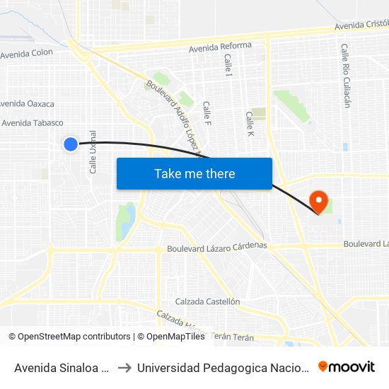 Avenida Sinaloa / Chilpancingo to Universidad Pedagogica Nacional, Unidad 021 Mexicali map