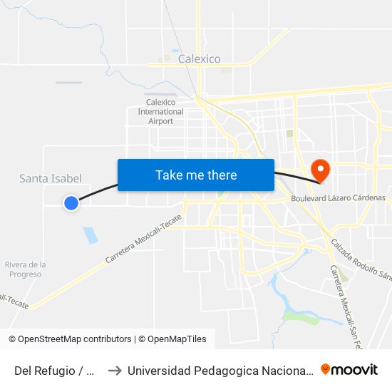 Del Refugio / Monte Xanic to Universidad Pedagogica Nacional, Unidad 021 Mexicali map