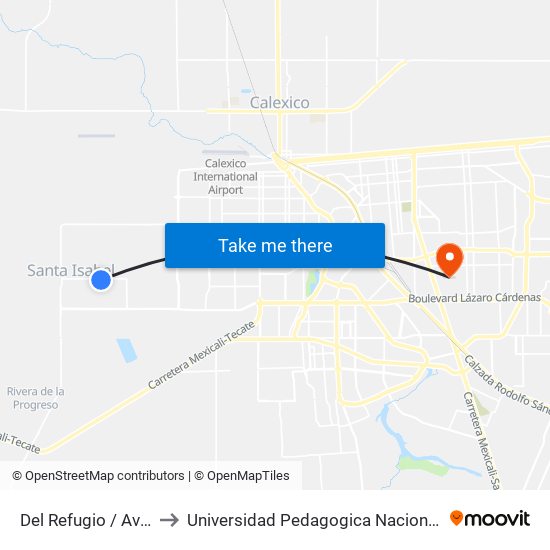 Del Refugio / Avenida Plutón to Universidad Pedagogica Nacional, Unidad 021 Mexicali map