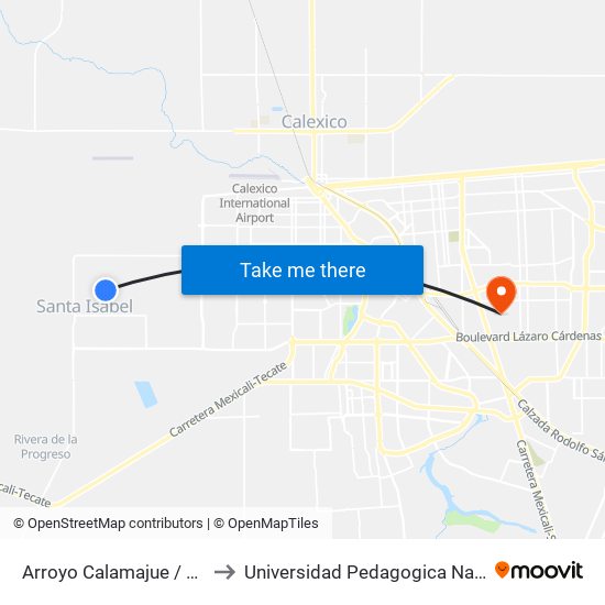 Arroyo Calamajue / Avenida El Portezuelo to Universidad Pedagogica Nacional, Unidad 021 Mexicali map