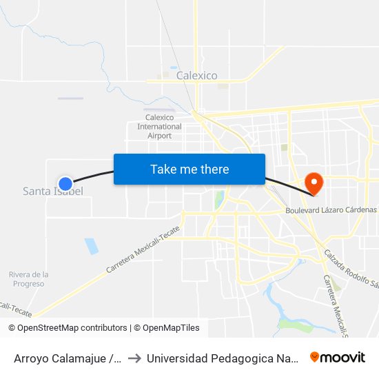 Arroyo Calamajue / Avenida Guayaquil to Universidad Pedagogica Nacional, Unidad 021 Mexicali map