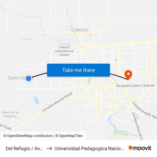 Del Refugio / Avenida Saturno to Universidad Pedagogica Nacional, Unidad 021 Mexicali map