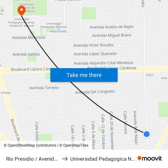 Río Presidio / Avenida Expropiación Petrolera to Universidad Pedagogica Nacional, Unidad 021 Mexicali map