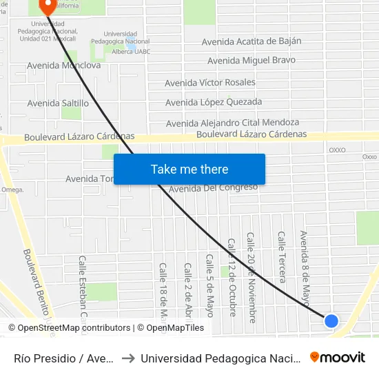 Río Presidio / Avenida 23 De Junio to Universidad Pedagogica Nacional, Unidad 021 Mexicali map