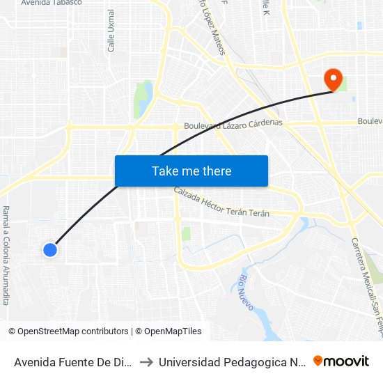 Avenida Fuente De Diana / Fuente Del Trueno to Universidad Pedagogica Nacional, Unidad 021 Mexicali map