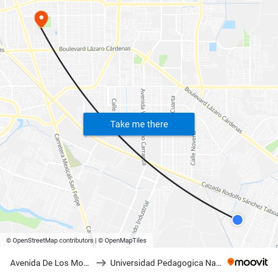 Avenida De Los Mosaicos / De Conchas to Universidad Pedagogica Nacional, Unidad 021 Mexicali map