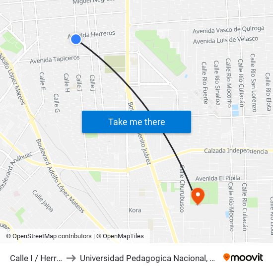 Calle I / Herreros Sur to Universidad Pedagogica Nacional, Unidad 021 Mexicali map