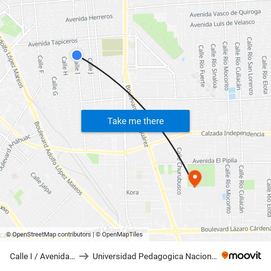Calle I / Avenida Mineros Sur to Universidad Pedagogica Nacional, Unidad 021 Mexicali map