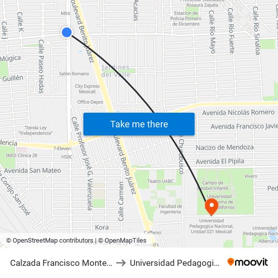 Calzada Francisco Montejano / Avenida Jorge López Colada to Universidad Pedagogica Nacional, Unidad 021 Mexicali map