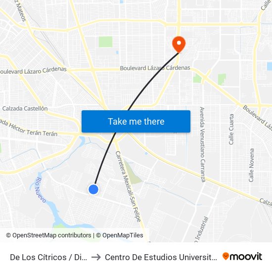 De Los Cítricos / Diego Álvarez to Centro De Estudios Universitarios Xochicalco map