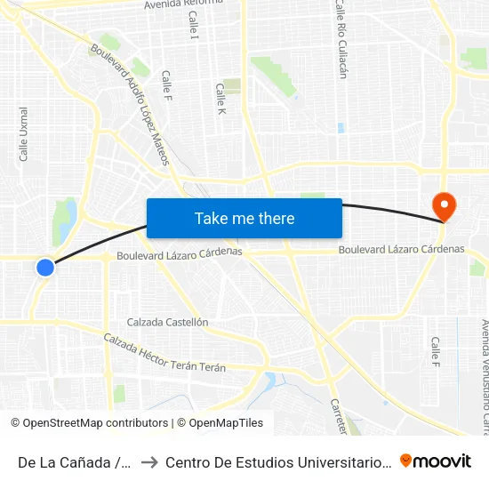 De La Cañada / Nayarit to Centro De Estudios Universitarios Xochicalco map